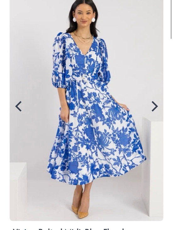 Ina Dresses & Skirts - NWT Blue Floral V-Neck Midi Dress with Belt